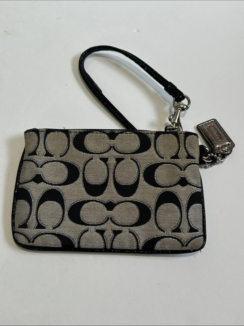 Coach Wristlet Pouch Black Gray Signature Canvas Purse Zipper Handle